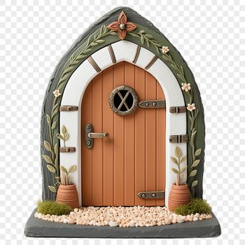 A small, intricately designed fairy door with a transparent background, suitable for sublimation printing or DIY crafts.