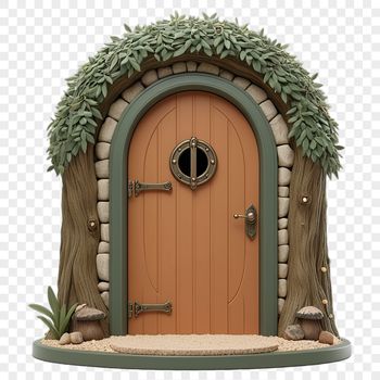A transparent PNG image of a small, intricately designed fairy door with a clear background.