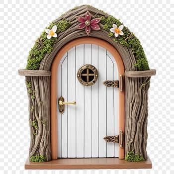 A transparent high-resolution image of a whimsical fairy door with intricate details.
