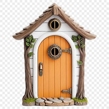 A transparent PNG image of a whimsical fairy door with a clear background, perfect for creative projects.