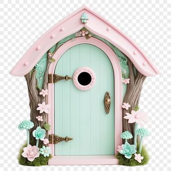 A small, transparent door with intricate details, set against a clear background.