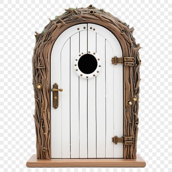 A small, intricate door with a delicate frame and a subtle shine, set against a transparent background.