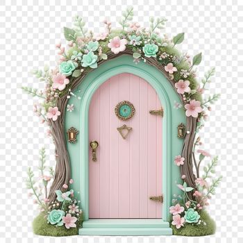 A small, ornate door with intricate details, set against a transparent background.