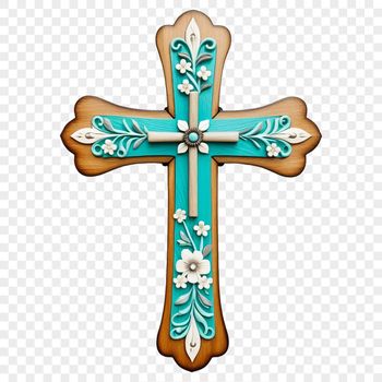 A transparent PNG image of a classic Christian cross with intricate details and a clear background.