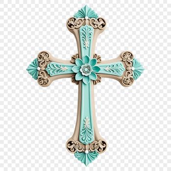 A high-resolution transparent image of a white wooden cross with floral details.