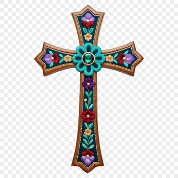 A high resolution transparent PNG image of a simple cross with intricate floral designs.