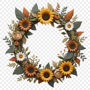 A floral wreath made from sunflowers in high resolution transparent PNG format.
