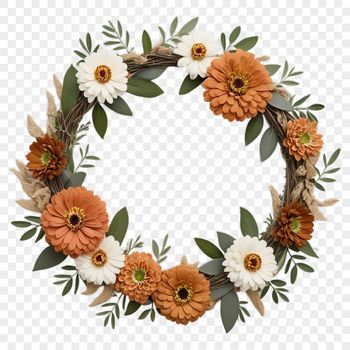 A floral wreath made up of various flowers and foliage, suitable for commercial or personal use.