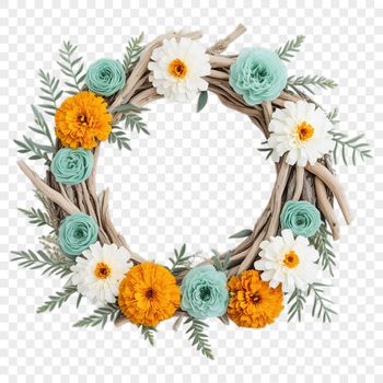 A floral wreath made from flowers and foliage in high resolution and transparent PNG format.
