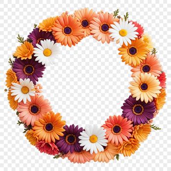 A high-resolution floral wreath made from transparent flowers on a clear background, suitable for commercial use.
