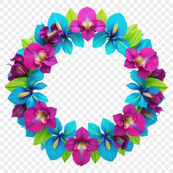 A floral wreath made up of various flowers and foliage elements, suitable for print or digital use.