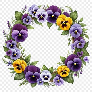 A floral wreath made with various flowers and greenery, set against a transparent background.
