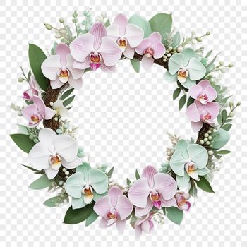 A high-resolution floral wreath made up of various flowers and foliage, suitable for commercial or personal use.