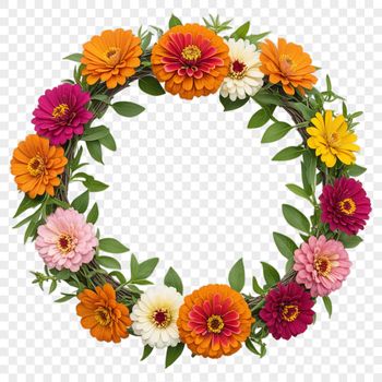 A floral wreath made up of various flowers and greenery elements.