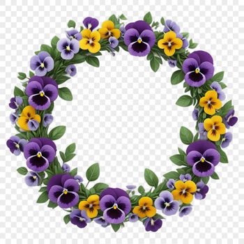 Floral arrangement in the shape of a circular wreath with intertwined flowers and foliage.
