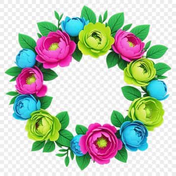 A floral wreath design made up of various flowers in a circular arrangement.