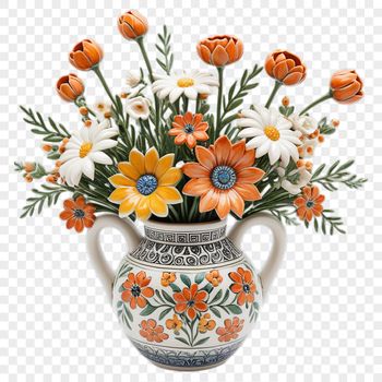 A collection of flowers arranged together in a bouquet on a clear transparent background.