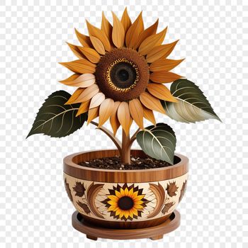 A single sunflower plant in a white flower pot against a clear background.