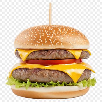 A classic cheeseburger with a toasted bun, sliced beef patty, melted cheese, lettuce, tomato, and condiments.