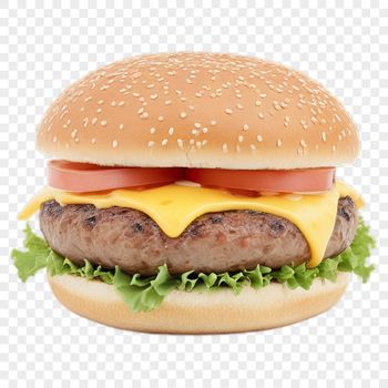 A classic cheeseburger consisting of a round beef patty topped with melted cheese on a sesame seed bun.