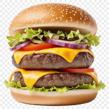 A high-resolution transparent png image of a cheeseburger on a clear background, suitable for commercial and personal use.