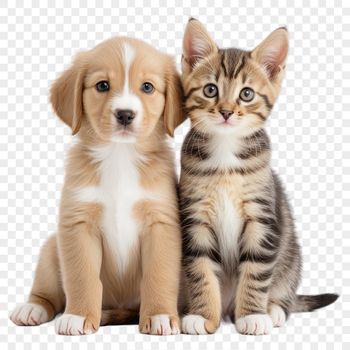 A high-resolution PNG image featuring a cute puppy and kitten together.