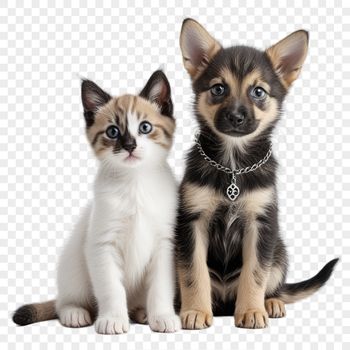 A cute puppy and kitten sitting together on a transparent background.