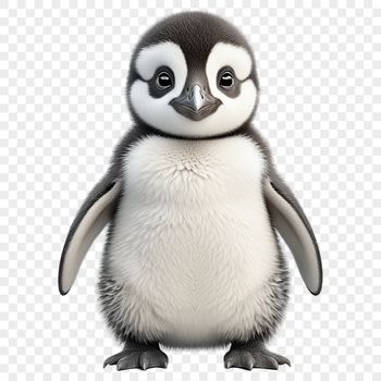A small penguin chick stands on the ice, with a clear blue background.