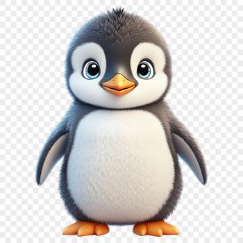 A small penguin chick stands on a snowy ground, wearing a cute expression.