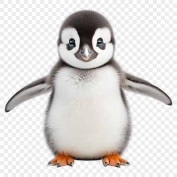 A baby penguin stands on a clear background, showcasing its fluffy feathers and curious expression.