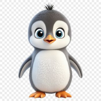 A small, fluffy penguin chick standing on a rocky shoreline, set against a clear blue sky.
