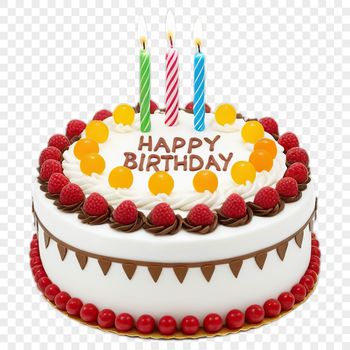 A colorful birthday cake with candles on top, suitable for personal or commercial use as a template or clip art.
