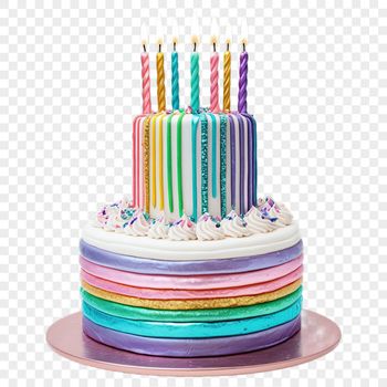 A colorful birthday cake with candles on top, perfect for personal or commercial projects requiring high-resolution graphics.