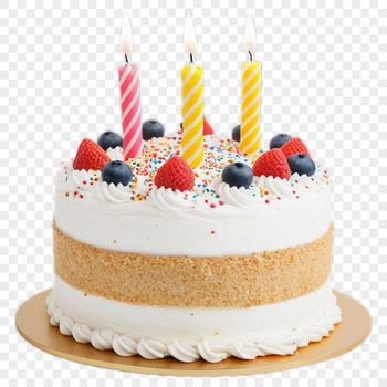 A colorful birthday cake with candles lit, perfect for personal or commercial use in various designs.
