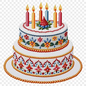 A layered birthday cake with candles on top, made from a high-resolution PNG file suitable for commercial or personal use.