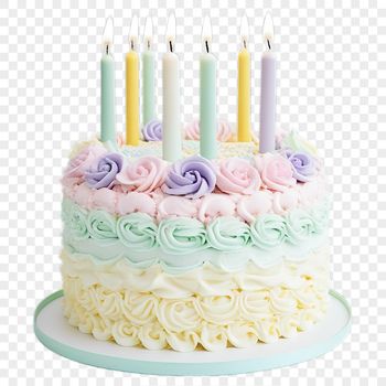 A transparent PNG image of a colorful birthday cake with candles lit.