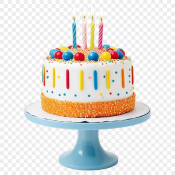 A colorful birthday cake with decorative frosting and candles, suitable for personal or commercial use.