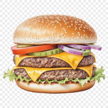 A high-resolution transparent PNG image of a cheeseburger with clear background, ideal for commercial or personal use.