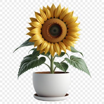 A standalone tall yellow sunflower plant placed in a simple flower pot against a transparent background.
