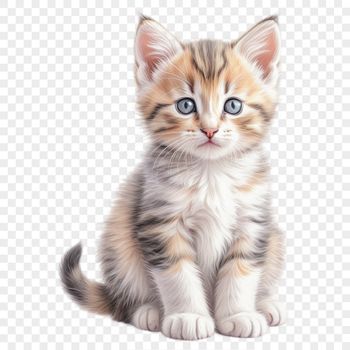 A small domestic cat with fluffy fur playing on a clear background.