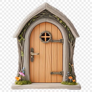 A whimsical fairy door with intricate details, set against a transparent background, suitable for various applications.