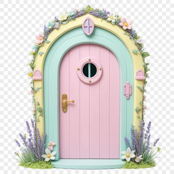 A small, intricately designed fairy door with a transparent background, suitable for print or digital use.