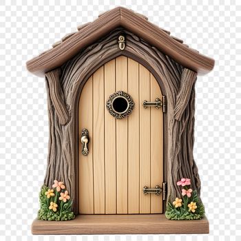 A small, intricately designed fairy door made from a variety of materials with a clear background.