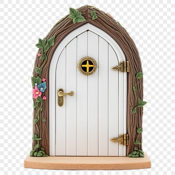 A whimsical fairy door with a clear background, suitable for commercial or personal use as stickers, invitations, or signs.