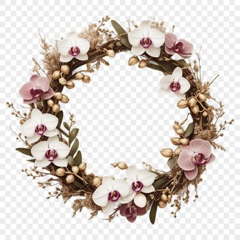 A floral arrangement in the shape of a circular wreath, ideal for commercial or personal use in various creative projects.