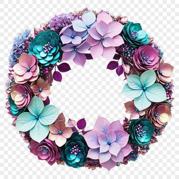 A floral wreath made from intertwined flowers and greenery on a transparent background.