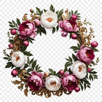 A transparent floral wreath made up of various flowers and foliage on a clear background.