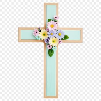 A simple white cross with floral patterns at its center, set against a clear background.