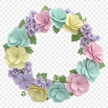 A floral wreath made up of various flowers and foliage on a transparent background.