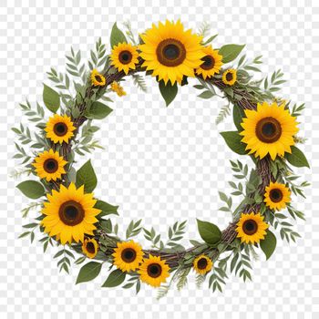 A high-resolution floral wreath made with sunflowers in transparent PNG format.